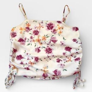 Pink Rose Women’s White Cream Pink Floral Satin Cami Tank Top SMALL